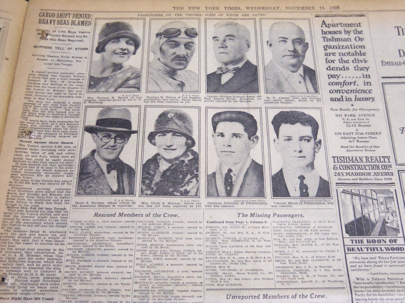 1928 NOVEMBER 14 NEW YORK TIMES - 206 VESTRIS SURVIVORS TO PORT - NT 6904