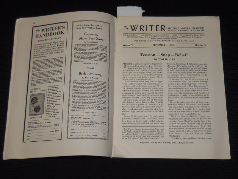 1946 SEPTEMBER THE WRITER MAGAZINE - TOM HANLIN - ALEC RACKOWE - JERARD - K 25