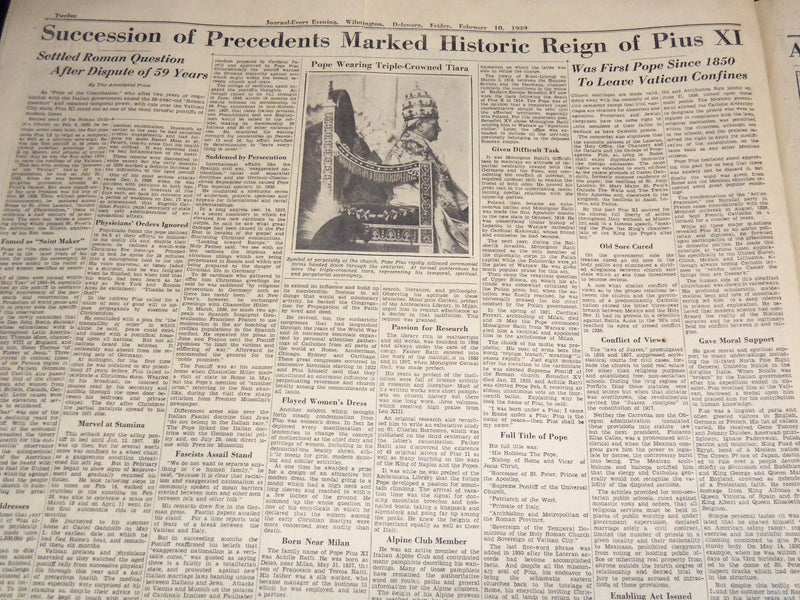 1939 FEBRUARY 10 JOURNAL EVERY EVENING NEWSPAPER - POPE PIUS DIES - NT 9447