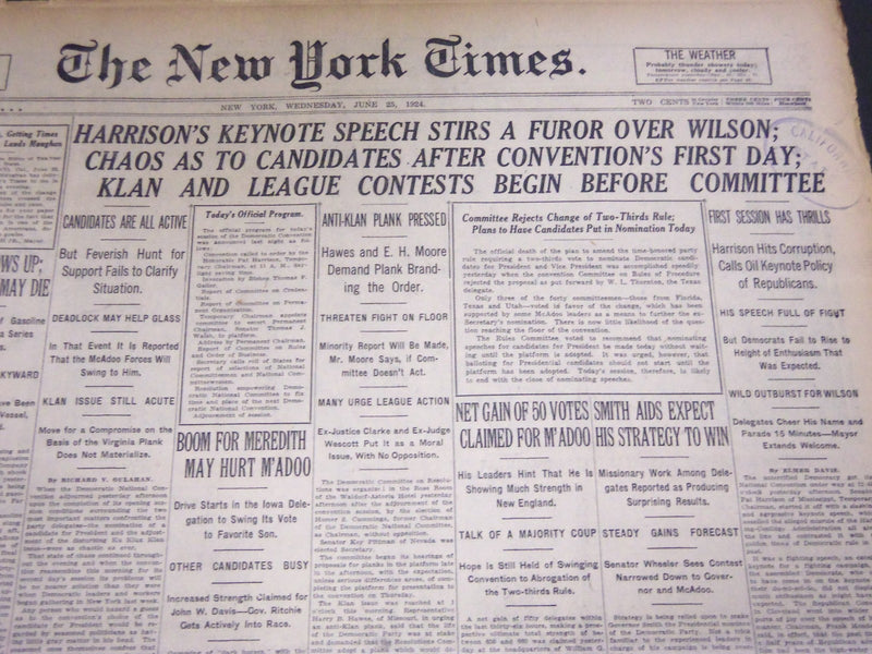 1924 JUNE 25 NEW YORK TIMES - HARRISON'S KEYNOTE STIRS A FUROR - NT 5069