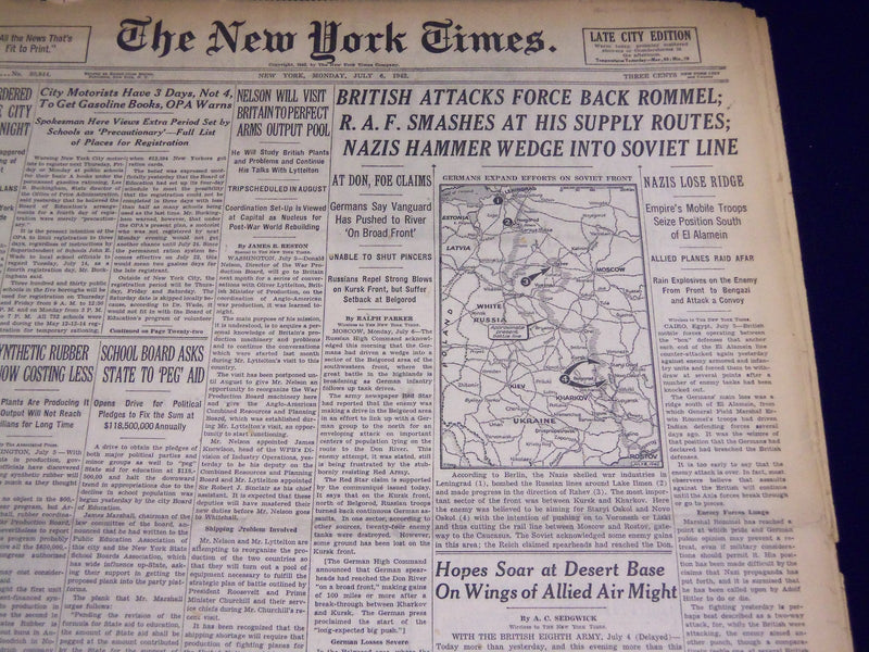 1942 JULY 6 NEW YORK TIMES - BRITISH ATTACKS FORCE BACK ROMMEL - NT 1270