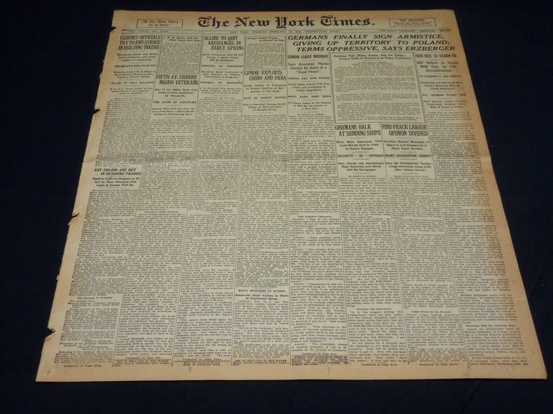 1919 FEBRUARY 18 NEW YORK TIMES - GERMANY FINALLY SIGNS ARMISTICE - NT 7977
