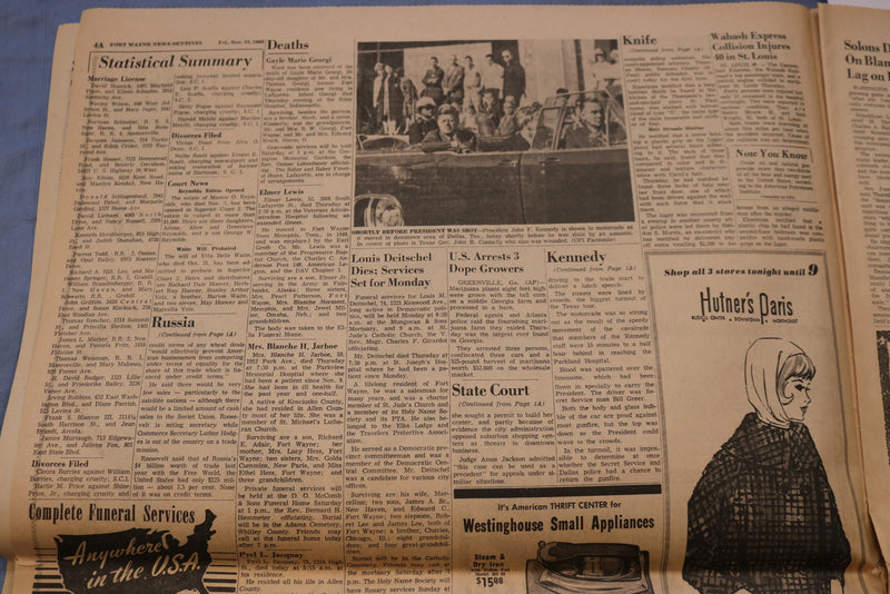 1963 NOV 22 THE NEWS-SENTINEL - ASSASSIN'S BULLET CUTS DOWN PRESIDENT- NP 8547