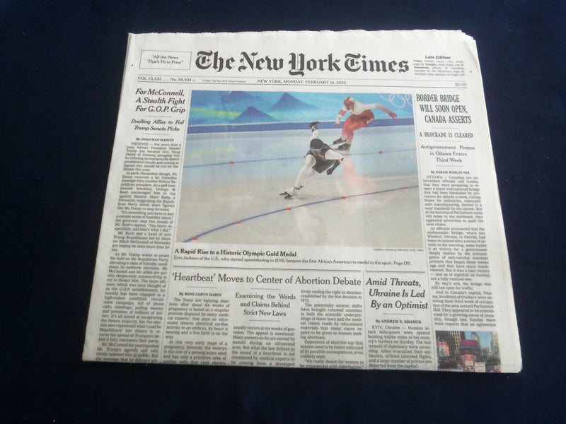 2022 FEBRUARY 14 NEW YORK TIMES - BORDER BRIDGE WILL SOON OPEN, CANADA ASSERTS