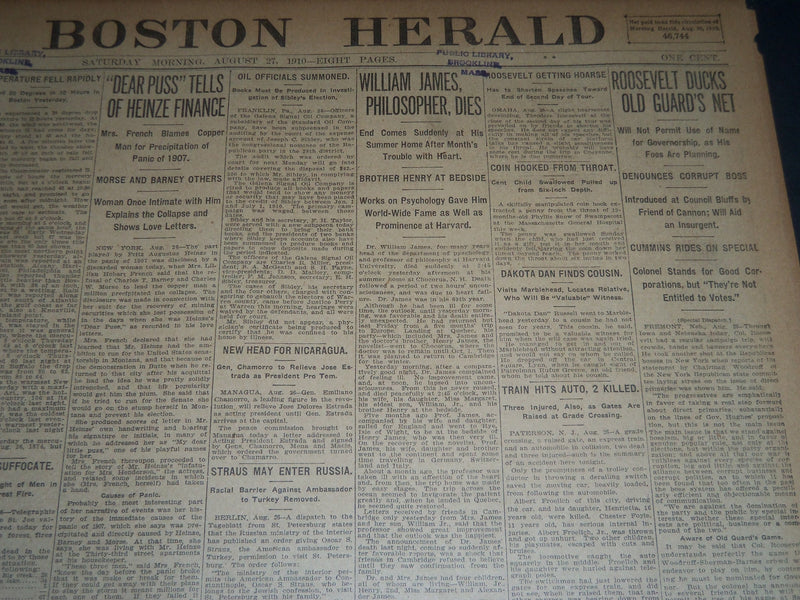 1910 AUGUST 27 THE BOSTON HERALD - WILLIAM JAMES PHILOSOPHER DIES - BH 151