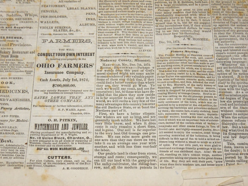 1874 DECEMBER 30 GEAUGA REPUBLICAN NEWSPAPER - CHARDON OHIO - NP 3879J