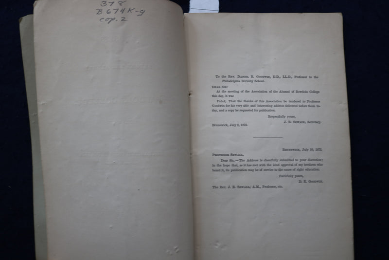 1873 DR. GOODWIN'S ADDRESS - BOWDOIN COLLEGE ALUMNI SOFTCOVER BOOKLET - K 931