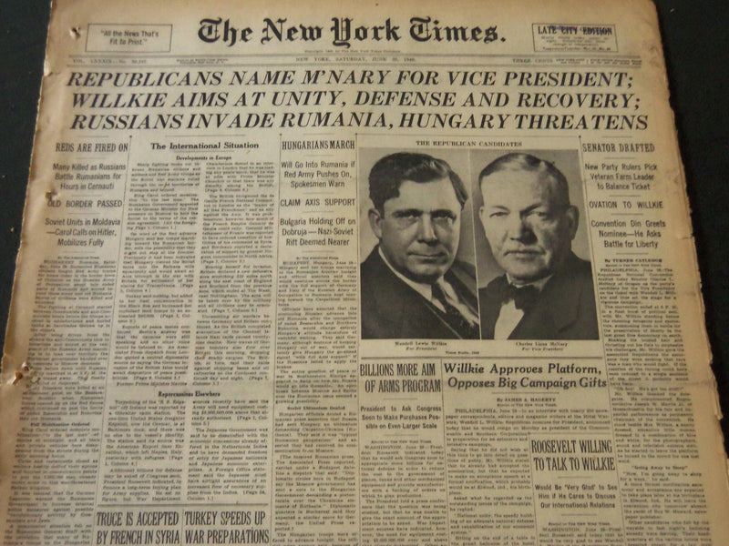 1940 JUNE 29 NEW YORK TIMES - REPUBLICANS NAME M'NARY FOR V. P. - NT 5537