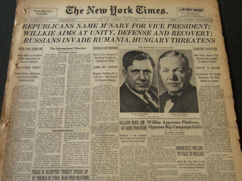 1940 JUNE 29 NEW YORK TIMES - REPUBLICANS NAME M'NARY FOR V. P. - NT 5537