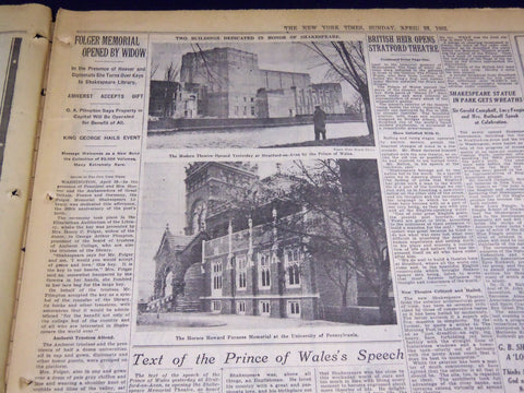 1932 APRIL 24 NEW YORK TIMES - SHAKESPEARE THEATRE OPENED - NT 4029