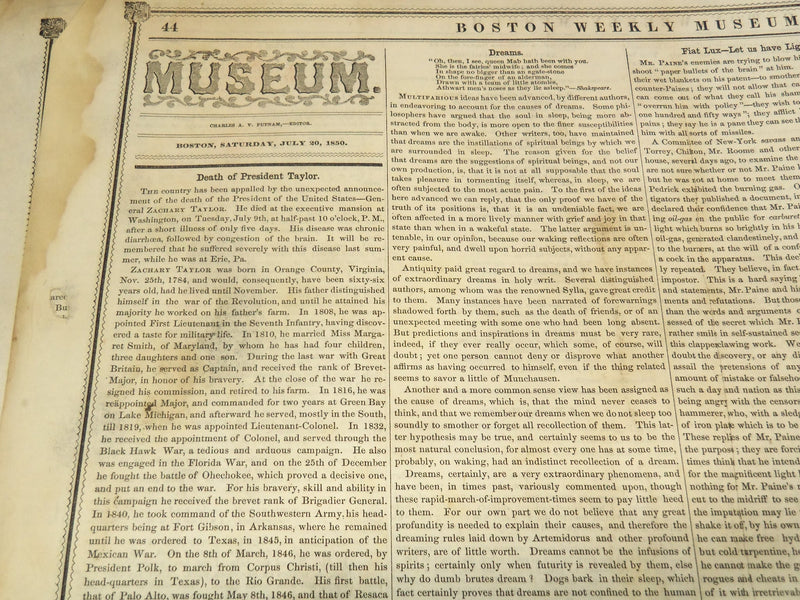 1850 JULY 20 BOSTON MUSEUM NEWSPAPER - DEATH OF ZACHARY TAYLOR - NP 9055