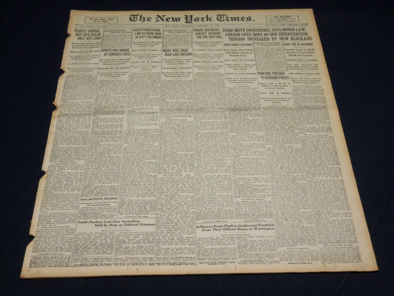 1923 FEBRUARY 14 NEW YORK TIMES - RUHR MOVE DISASTROUS SAYS BONAR LAW - NT 8502