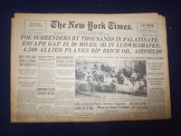 1945 MARCH 22 NEW YORK TIMES -FOE SURRENDERS BY THOUSANDS IN PALATINATE- NP 6673