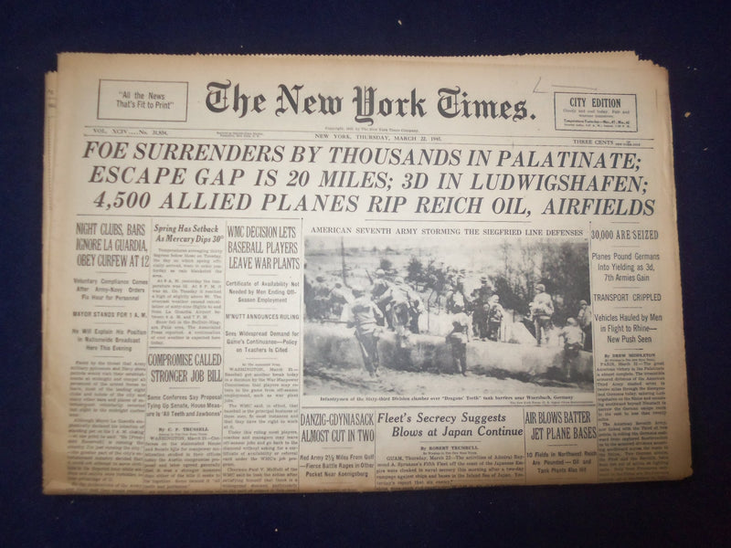 1945 MARCH 22 NEW YORK TIMES -FOE SURRENDERS BY THOUSANDS IN PALATINATE- NP 6673