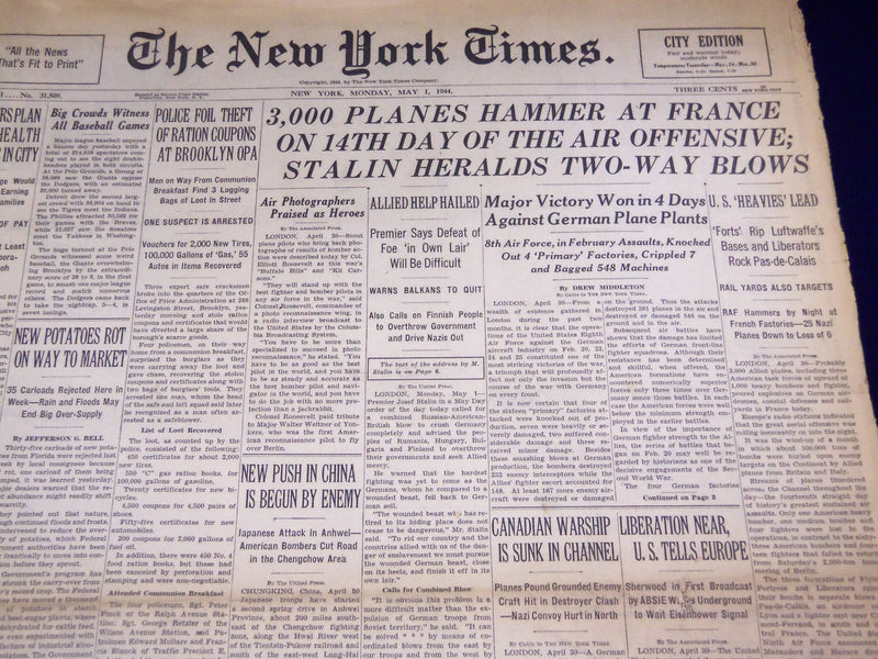 1944 MAY 1 NEW YORK TIMES - 3,000 PLANES HAMMER AT FRANCE - NT 2601