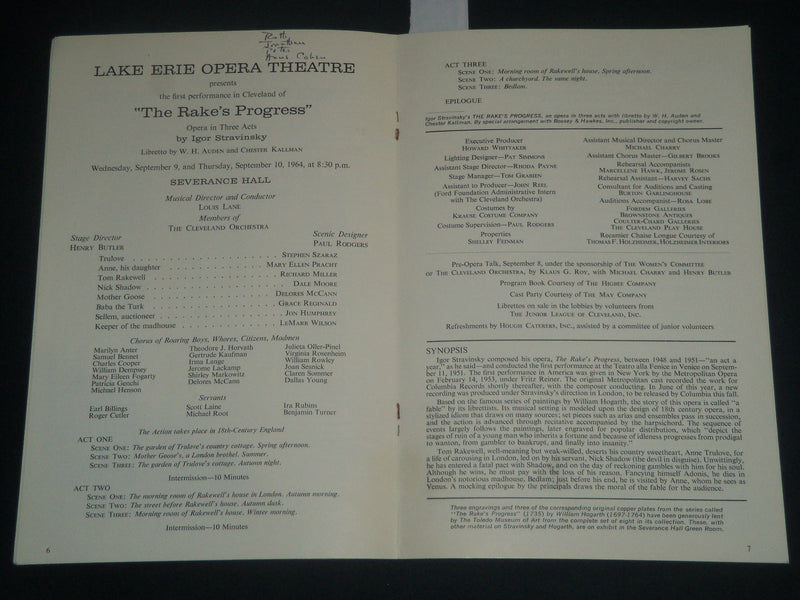 1964 LAKE ERIE OPERA THEATRE PROGRAM - THE RAKE'S PROGRESS - OHIO - J 4278