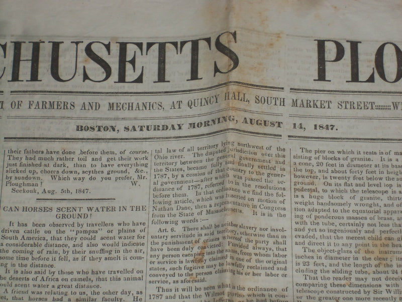 1847 AUGUST 14 MASSACHUSETTS PLOUGHMAN NEWSPAPER - CAMBRIDGE TELESCOPE - NP 5148