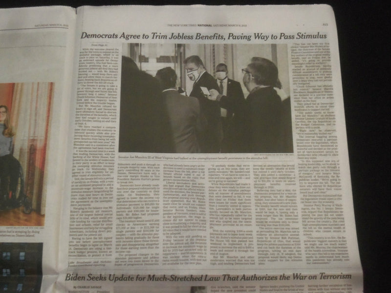 2021 MARCH 6 NEW YORK TIMES - DEMOCRATS TRIM JOBLESS BENEFITS IN STIMULUS BILL
