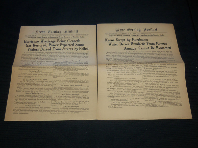 1938 KEENE NEW HAMPSHIRE HURRICANE NEWSPAPERS LOT OF 4 - NP 4252D