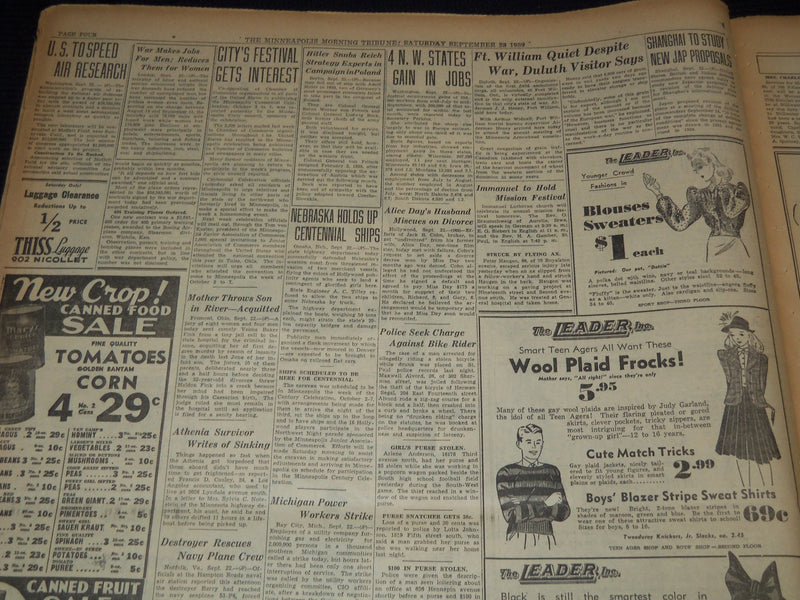 1939 SEPTEMBER 23 MINNEAPOLIS MORNING TRIBUNE - ARMIES SHIFT WEST FRONT- NT 9539