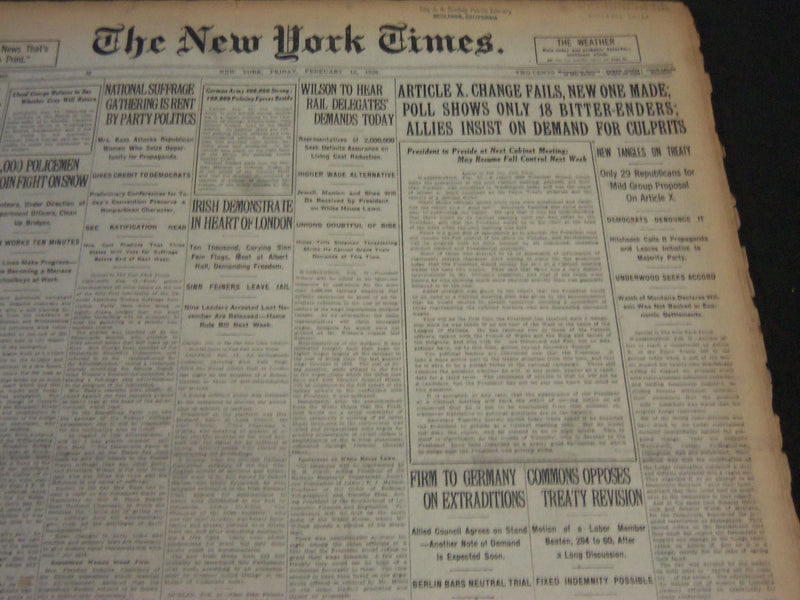 1920 FEBRUARY 13 NEW YORK TIMES - ARTICLE X OF PEACE TREATY FAILS - NT 5875