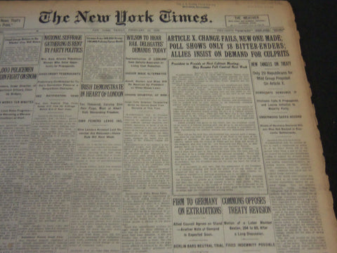 1920 FEBRUARY 13 NEW YORK TIMES - ARTICLE X OF PEACE TREATY FAILS - NT 5875