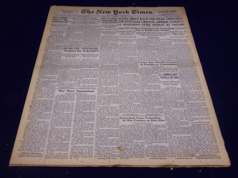 1942 DECEMBER 9 NEW YORK TIMES - ALLIES DRIVE BACK FOE NEAR TEBOURBA - NT 1224
