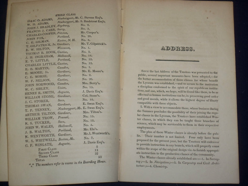 1824 GARDINER LYCEUM OFFICERS & STUDENTS CATALOGUE -BENJAMIN HALE ADDRESS-J 4786