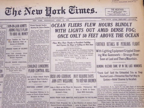 1928 APRIL 18 NEW YORK TIMES - OCEAN FLIERS FLEW HOURS BLINDLY - NT 5280