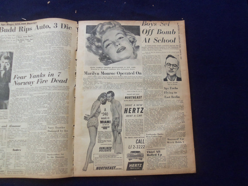 1959 JUNE 23 BOSTON AMERICAN NEWSPAPER - MARILYN MONROE ARTICLE & PHOTO- NP 6240