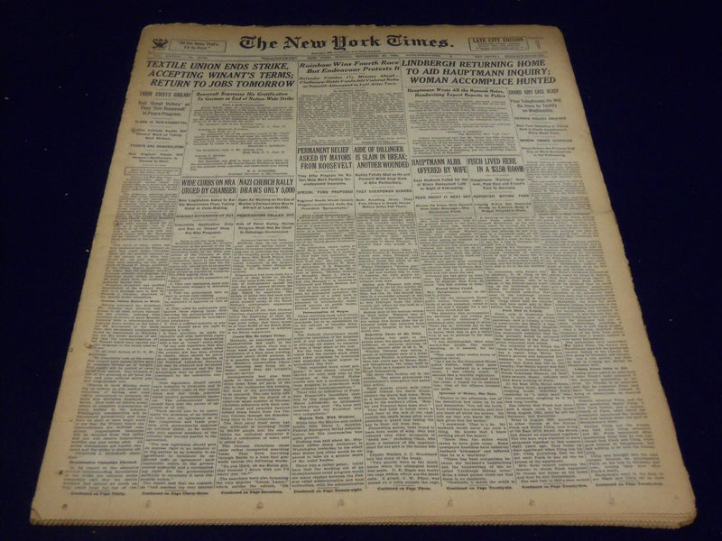1934 SEPT 23 NEW YORK TIMES - LINDBERGH RETURNING HOME TO AID HAUPTMANN- NT 1697