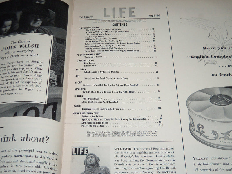 1940 MAY 6 LIFE MAGAZINE - BRITISH AERIAL GUNNER COVER - L 181
