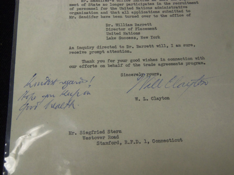 1947 W. L. CLAYTON UNDER SECRETARY OF STATE TYPED SIGNED LETTER - J 5359