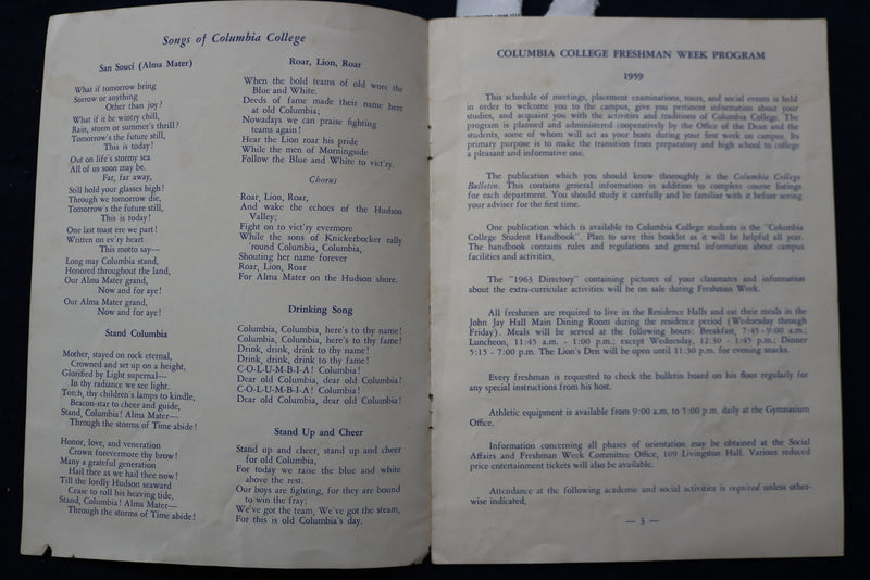 1959 COLUMBIA COLLEGE FRESHMAN WEEK PROGRAM SOFTCOVER PROGRAM - K 924