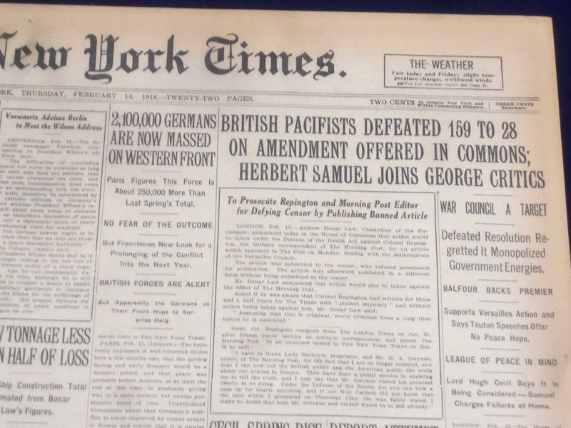 1918 FEBRUARY 14 NEW YORK TIMES - BRITISH PACIFISTS DEFEATED 159 TO 28 - NT 8240