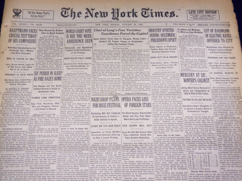1935 JANUARY 28 NEW YORK TIMES - HAUPTMANN FACES CRUCIAL TEST TODAY - NT 1949