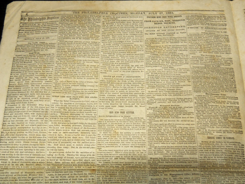 1863 JULY 27 PHILADELPHIA INQUIRER NEWSPAPER - CHARLESTON MAP - NP 8996