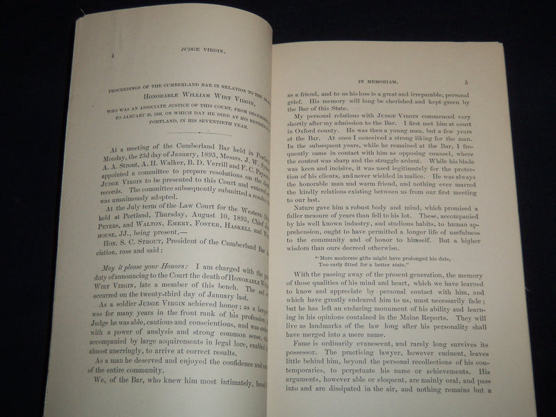 1893 IN MEMORIAM OF WILLIAM WIRT VIRGIN 1823-1893 BOOK - STATE OF MAINE - J 8859