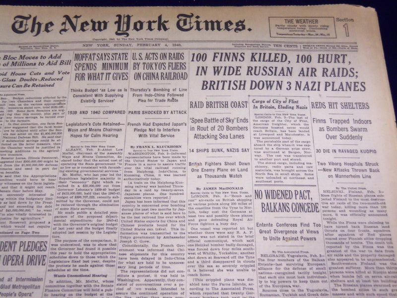 1940 FEBRUARY 4 NEW YORK TIMES - 100 FINNS KILLED 100 HURT - NT 2730