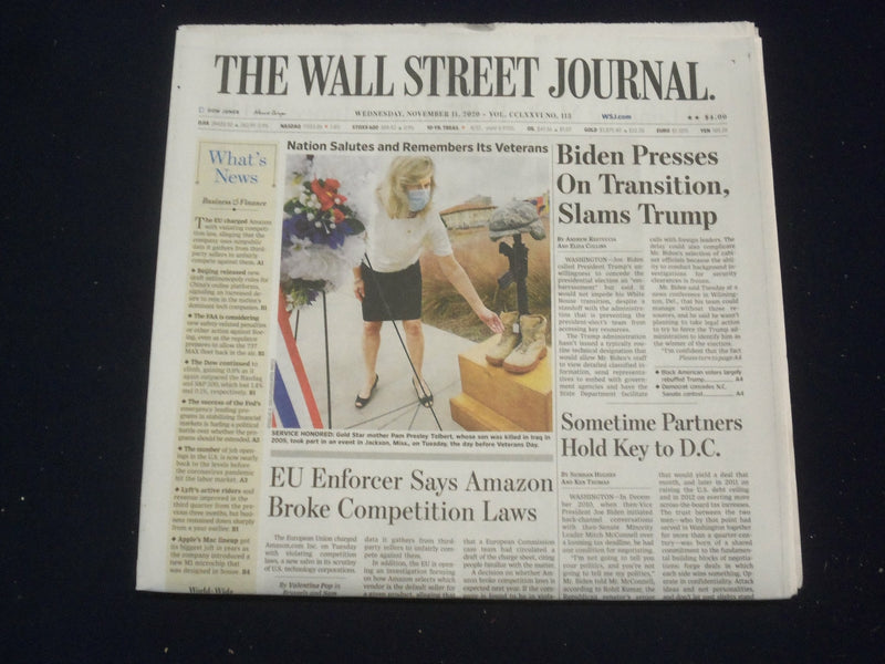 2020 NOV 11 THE WALL STREET JOURNAL - BIDEN PRESSES ON TRANSITION, SLAMS TRUMP