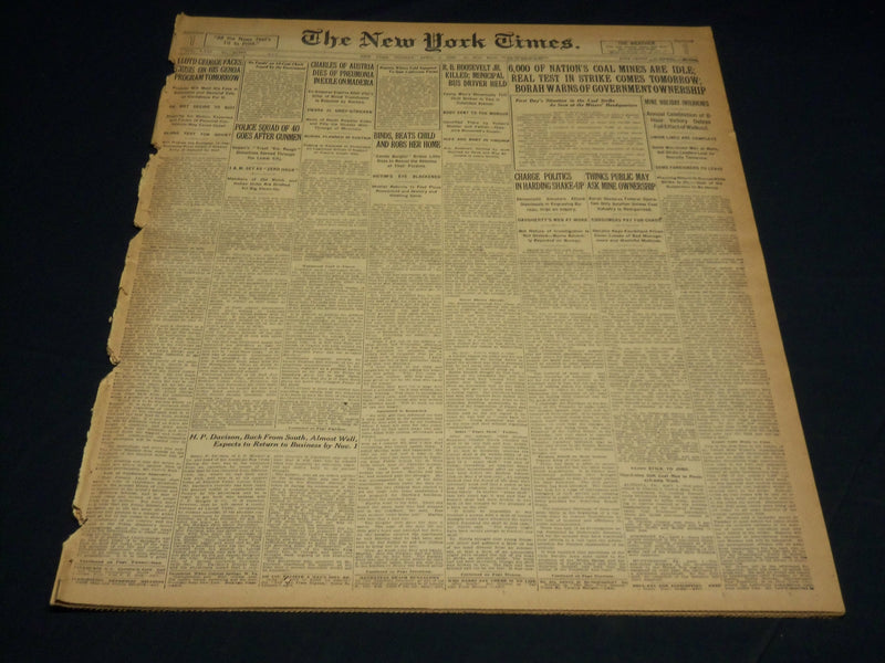 1922 APRIL 2 NEW YORK TIMES NEWSPAPER - 6,000 COAL MINES ARE IDLE - NT 8573
