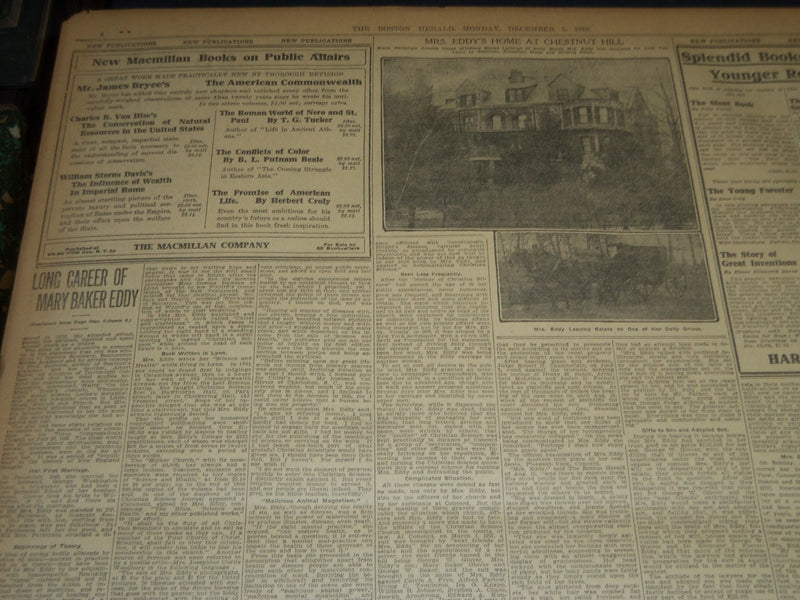 1910 DECEMBER 5 THE BOSTON HERALD - MARY BAKER EDDY PASSES AWAY - BH 280