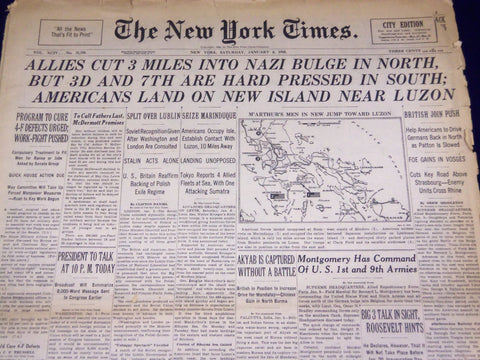 1945 JAN 6 NEW YORK TIMES - ALLIES CUT 3 MILES INTO NAZI BULGE IN NORTH - NT 623