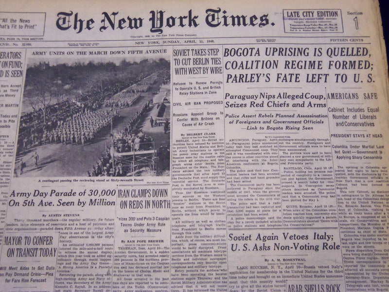 1948 APRIL 11 NEW YORK TIMES - BOGOTA UPRISING IS QUELLED - NT 138