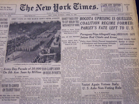1948 APRIL 11 NEW YORK TIMES - BOGOTA UPRISING IS QUELLED - NT 138