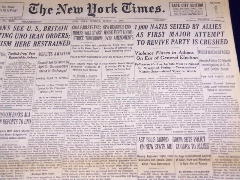 1946 MAR 31 NEW YORK TIMES - 1,000 NAZIS SEIZED ATTEMPT TO REVIVE PARTY- NT 2241