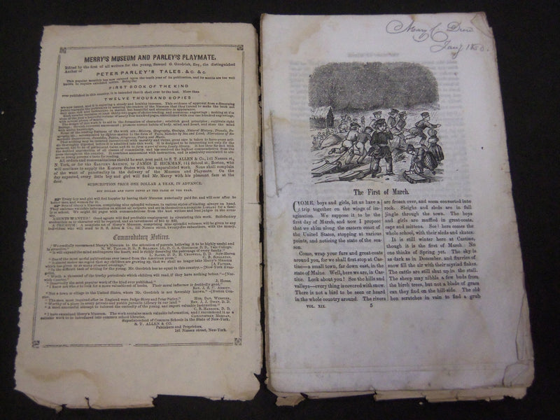1850 MERRY'S MUSEUM AND PARLEY'S PLAYMATE MAGAZINE LOT OF 3 ISSUES - WR 893