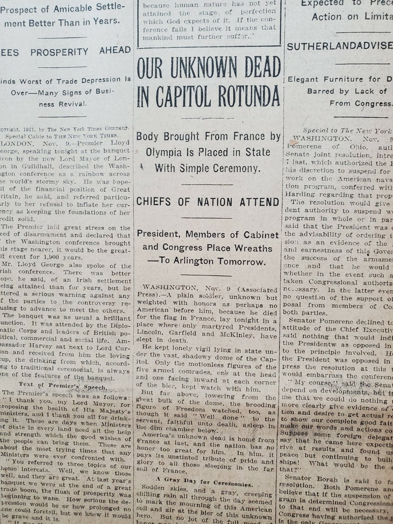 1921 NOVEMBER 10 NEW YORK TIMES - OUR UNKNOWN DEAD IN CAPITOL ROTUNDA - NT 8019