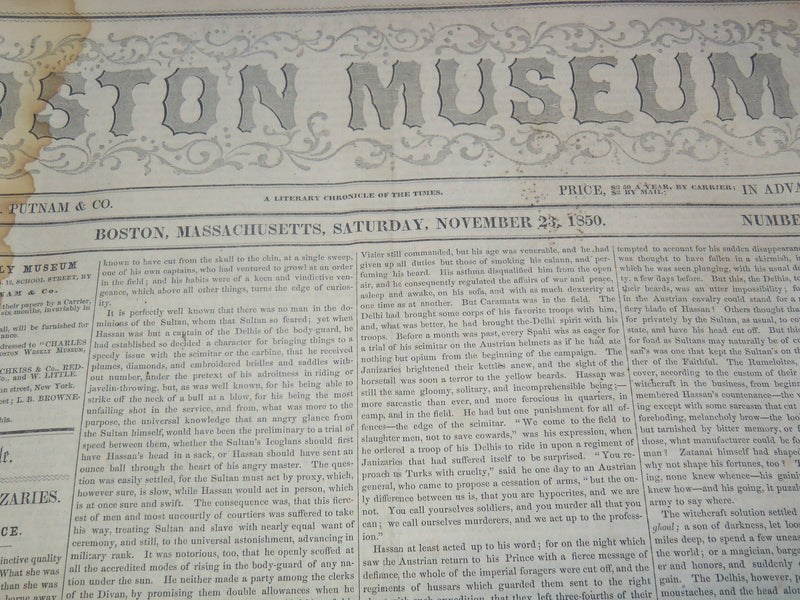1850 NOVEMBER 23 BOSTON MUSEUM NEWSPAPER - DODGE PRIZE TICKET - LIND - NP 9045