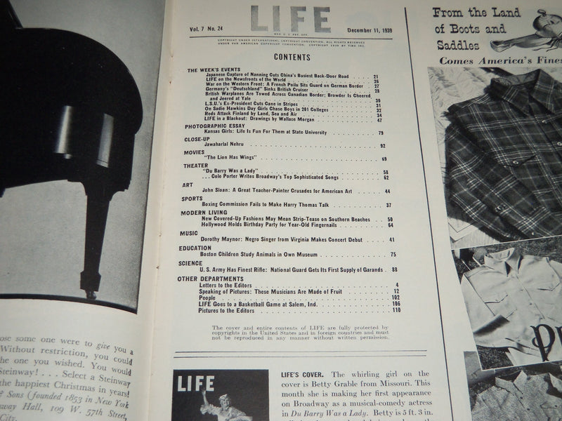 1939 DECEMBER 11 LIFE MAGAZINE - BETTY GRABLE COVER - L 160